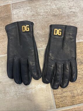 Dolce & Gabbana Black Pebbled Leather Gloves DG Logo Mens Small